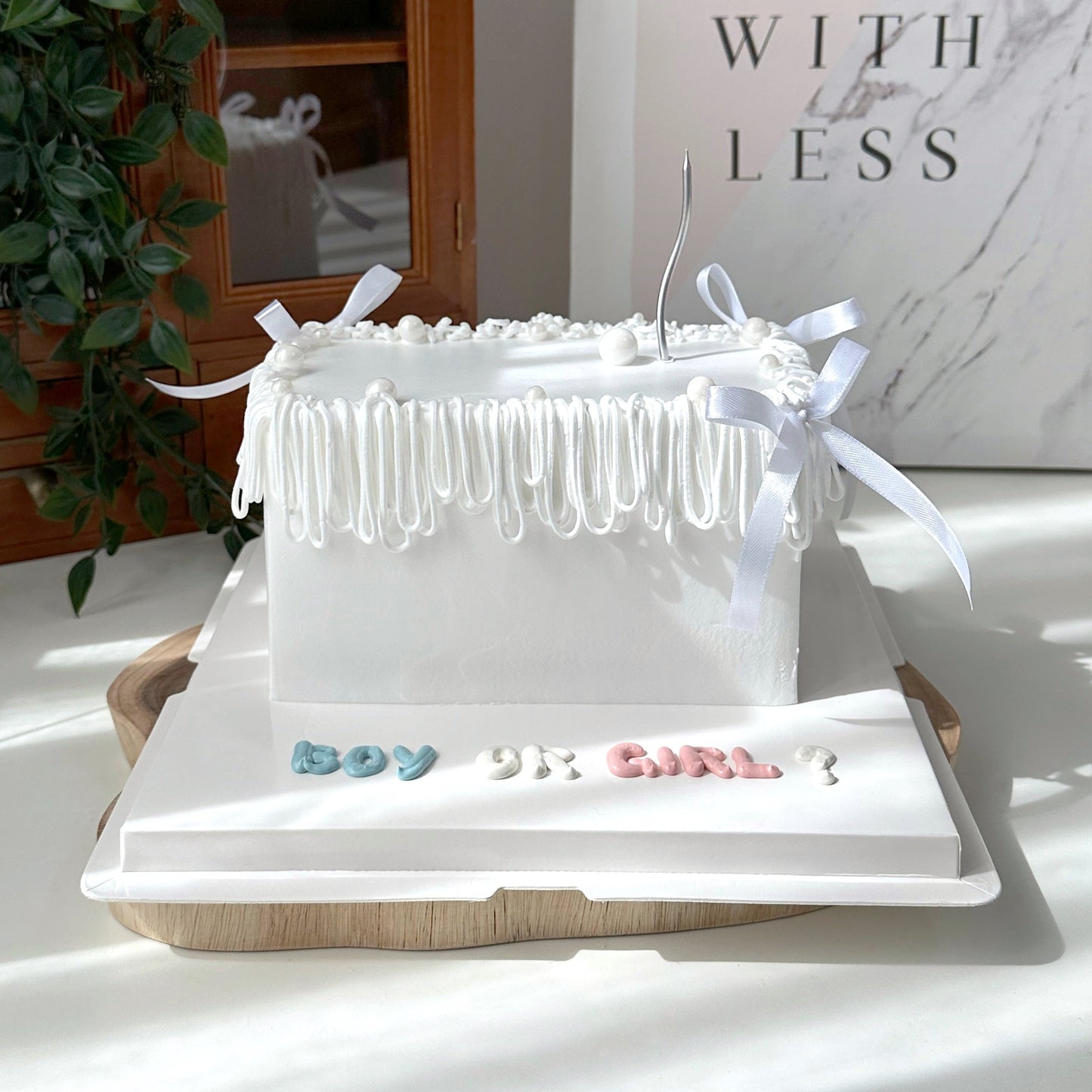 Gender Reveal White Frame Cake